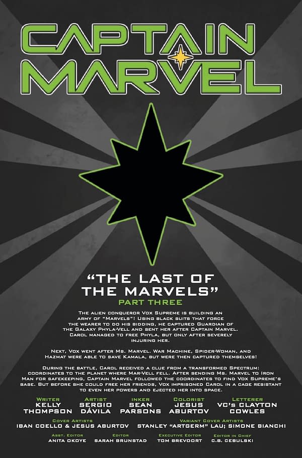 Preview page from Captain Marvel #34, by Kelly Thompson and Sergio Davila, main cover by Iban Coello, in stores Wednesday, 1, 2021 from Marvel