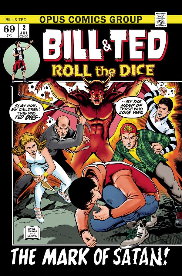 Andrea Di Vito Cover to Bill & Ted Roll the Dice #2 by James Asmus, John Barber, Wayne Nichols, and Andrew Currie, in stores July 13th from Opus Comics