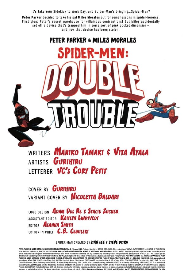 Interior preview page from PETER PARKER & MILES MORALES: SPIDER-MEN - DOUBLE TROUBLE #2 GURIHIRU COVER