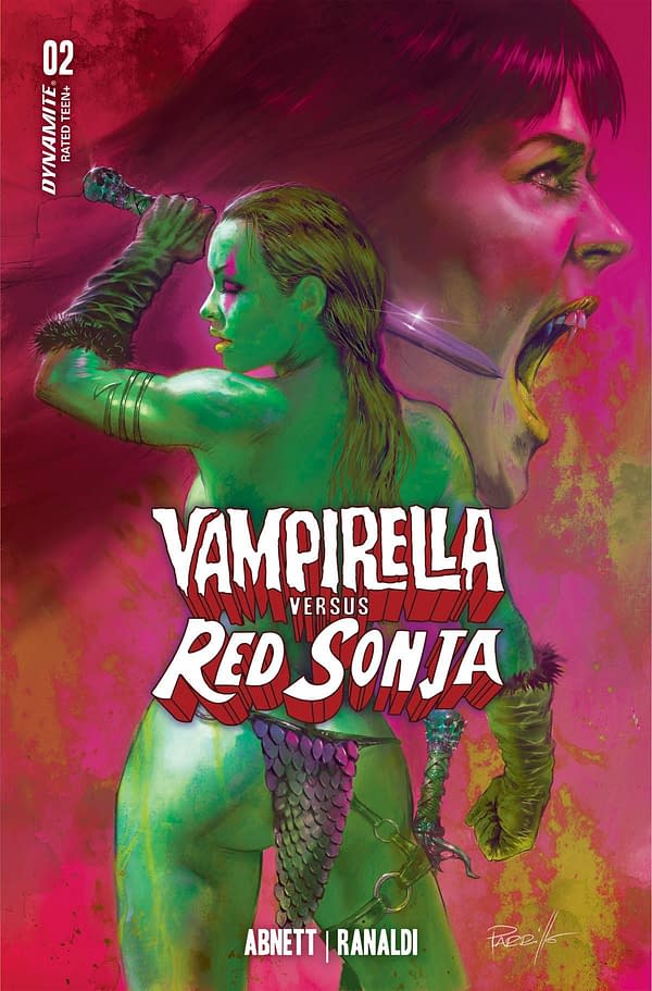 Cover image for VAMPIRELLA VS RED SONJA #2 CVR N FOC PARRILLO ULTRAVIOLET