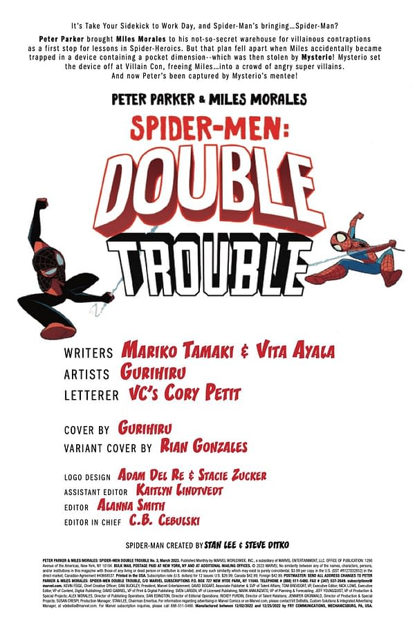 Interior preview page from PETER PARKER & MILES MORALES SPIDER-MAN DOUBLE TROUBLE #3 GURIHIRU COVER