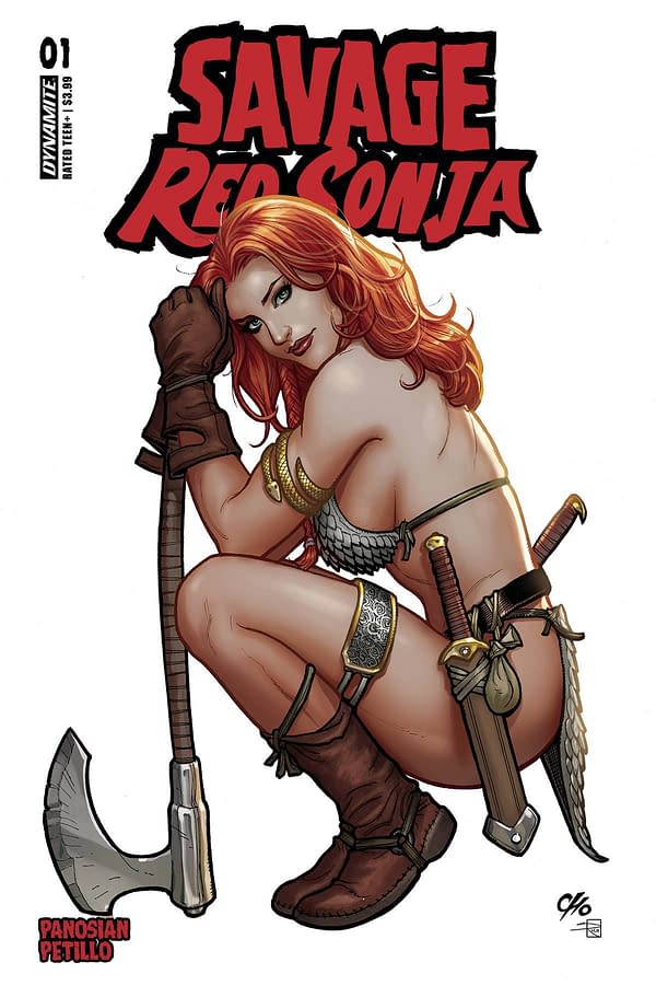 Cover image for SEP230199 SAVAGE RED SONJA #1 CVR B CHO, by (W) Dan Panosian (A) Alessio Petillo (CA) Frank Cho, in stores Wednesday, November 1, 2023 from DYNAMITE