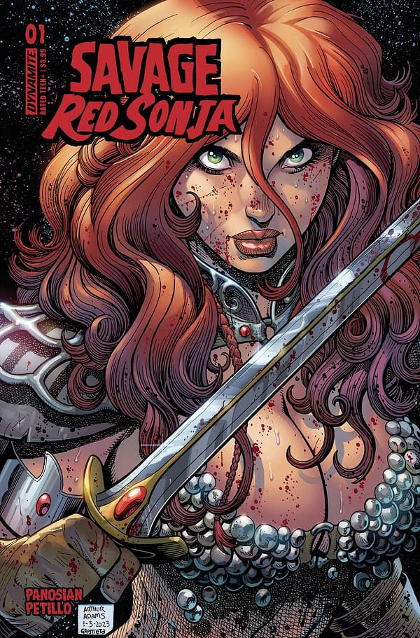 Cover image for SEP230200 SAVAGE RED SONJA #1 CVR C ADAMS, by (W) Dan Panosian (A) Alessio Petillo (CA) Arthur Adams, in stores Wednesday, November 1, 2023 from DYNAMITE