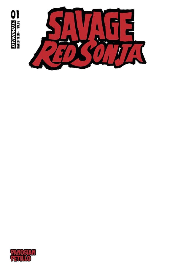 Cover image for SEP230202 SAVAGE RED SONJA #1 CVR E BLANK AUTHENTIX, by (W) Dan Panosian (A) Alessio Petillo (CA) Blank Cover, in stores Wednesday, November 1, 2023 from DYNAMITE