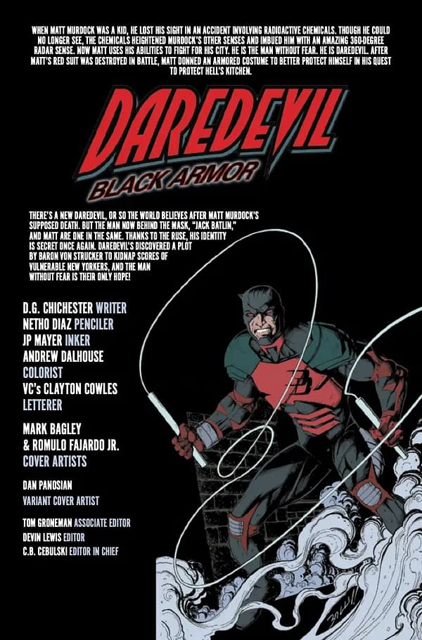 Interior preview page from DAREDEVIL: BLACK ARMOR #4 MARK BAGLEY COVER