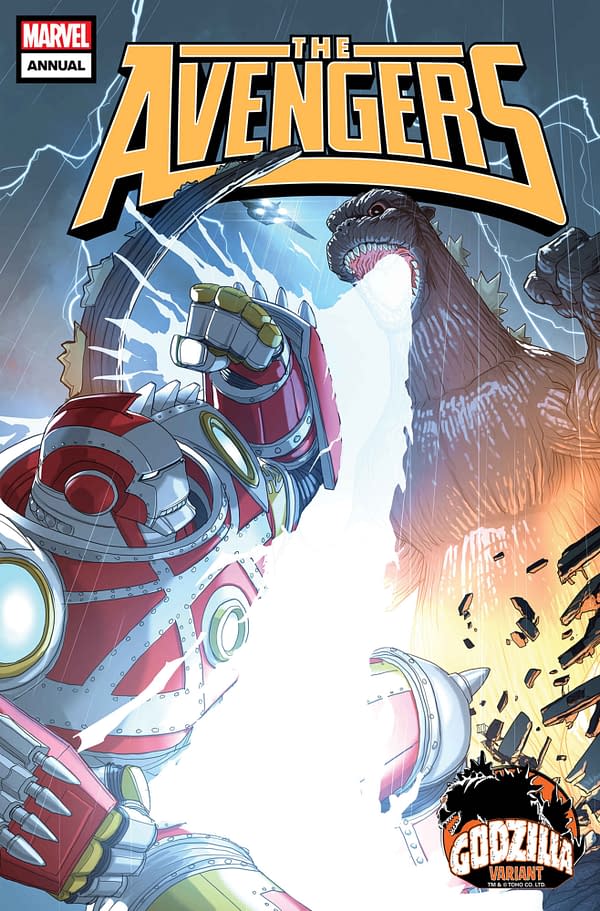 Cover image for AVENGERS ANNUAL #1 PETE WOODS GODZILLA VARIANT [IW]