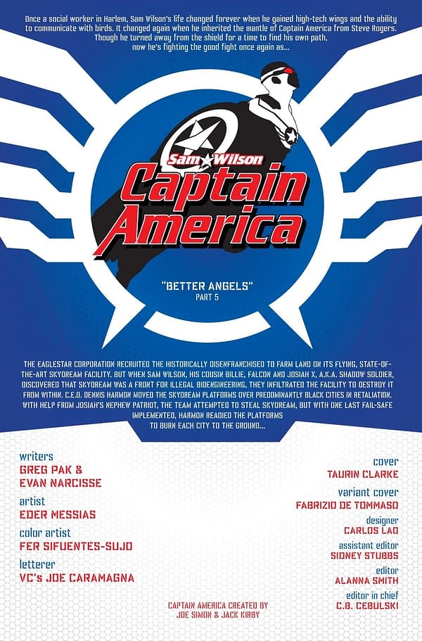 A graphic featuring the title 'Sam Wilson: Captain America' with a striking illustration of a superhero in a black, white, and red costume. The background is blue with stylized wing patterns, and the text includes the subtitle 'Better Angels' and various credits for contributors.