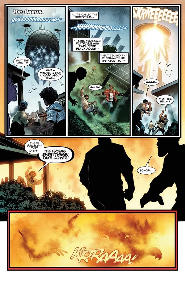 A comic panel depicting a dramatic scene in The Bronx, where characters react to a floating platform called the 'Skydream'. There's chaos as explosions occur in the background, and characters are seen running and shouting in alarm.