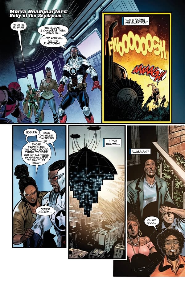A comic book panel featuring Sam Wilson as Captain America, showcasing a tense moment at Moria Headquarters with dialogue about an impending crisis. Several characters react to a situation involving farms burning and alarming developments.