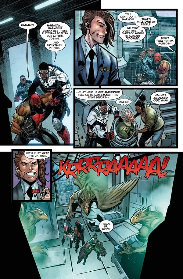 A comic book scene featuring several characters engaged in intense dialogue amid a chaotic setting. The characters include Sam Wilson as Captain America, a man in a suit, and others, with the background hinting at impending danger.