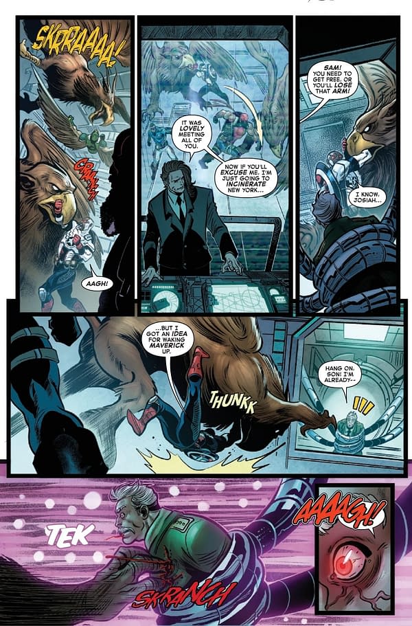 A comic book panel depicting a tense scene with characters facing a large creature and a man in a suit making a threatening statement. Action sounds are illustrated with dynamic text effects, and characters display various emotions in a chaotic environment.