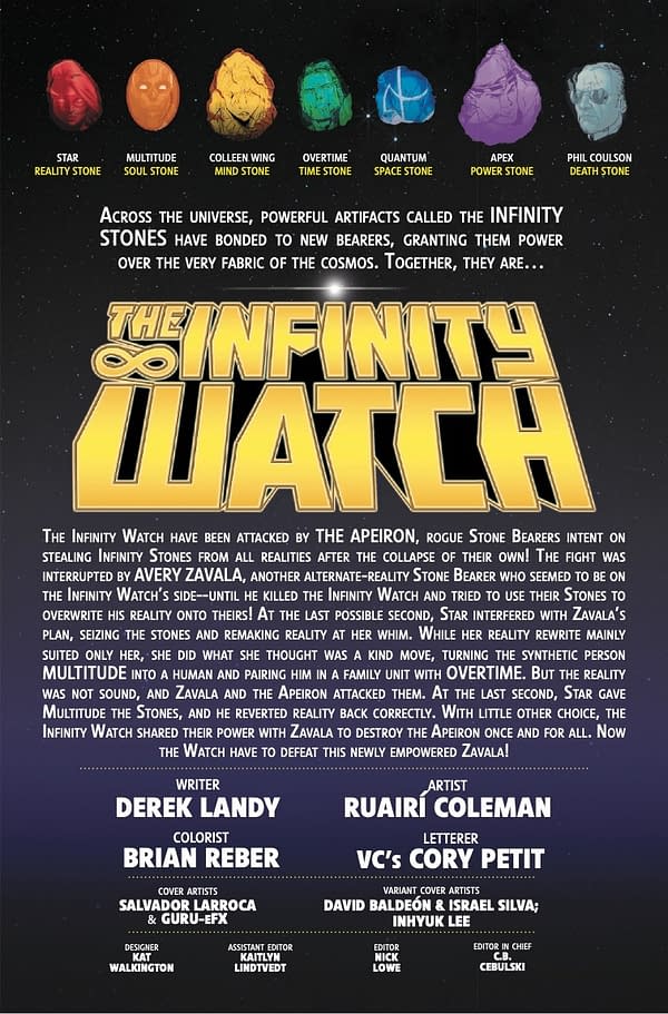 An illustrated poster for 'The Infinity Watch #5', featuring colorful representations of six Infinity Stones at the top, each labeled with their names: Star (Reality Stone), Multitude (Soul Stone), Colleen Wing (Mind Stone), Overtime (Time Stone), Quantum (Space Stone), Apex (Power Stone), and Phil Coulson (Death Stone). The title, 'The Infinity Watch', is prominently displayed in bold yellow letters.