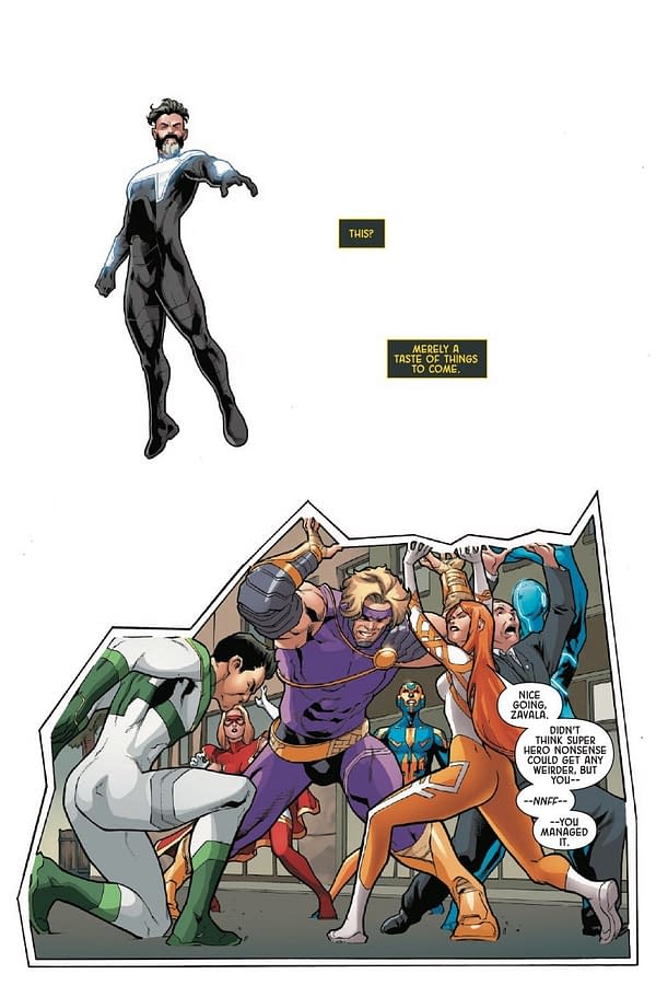 An illustration from a comic featuring a superhero in a black suit with blue accents, floating above a chaotic scene where several other characters are engaged in a comedic, energetic struggle. Speech bubbles contain dialogue about the situation.