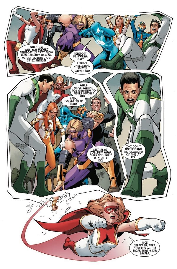 A comic book illustration featuring a dynamic group of superheroes in action, engaged in a conversation filled with urgency and humor. Characters express concern and determination as they face a chaotic situation.