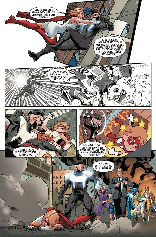 A comic book page featuring characters in a dramatic confrontation. One character in a superhero outfit is holding another character adorned with a cape and a mask, set against a city backdrop with explosions and action effects.