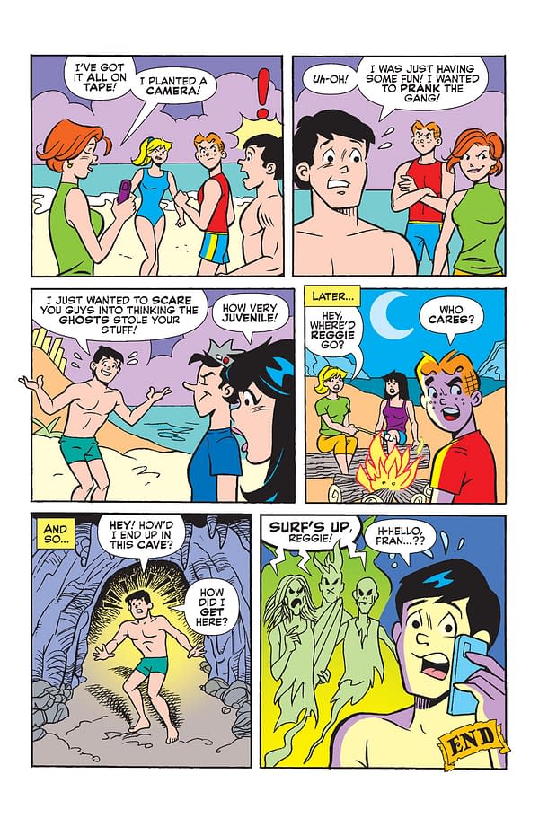 Cartoon illustration featuring characters from Betty and Veronica enjoying summer activities at the beach. The scene includes playful interactions between friends, a campfire, and a humorous ghostly surprise.