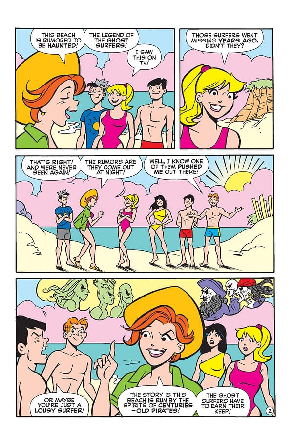A cartoon scene featuring Betty and Veronica at a beach with several friends. They discuss local legends about ghost surfers and haunted beaches. The background shows a setting sun and palm trees, adding a vibrant summery vibe.