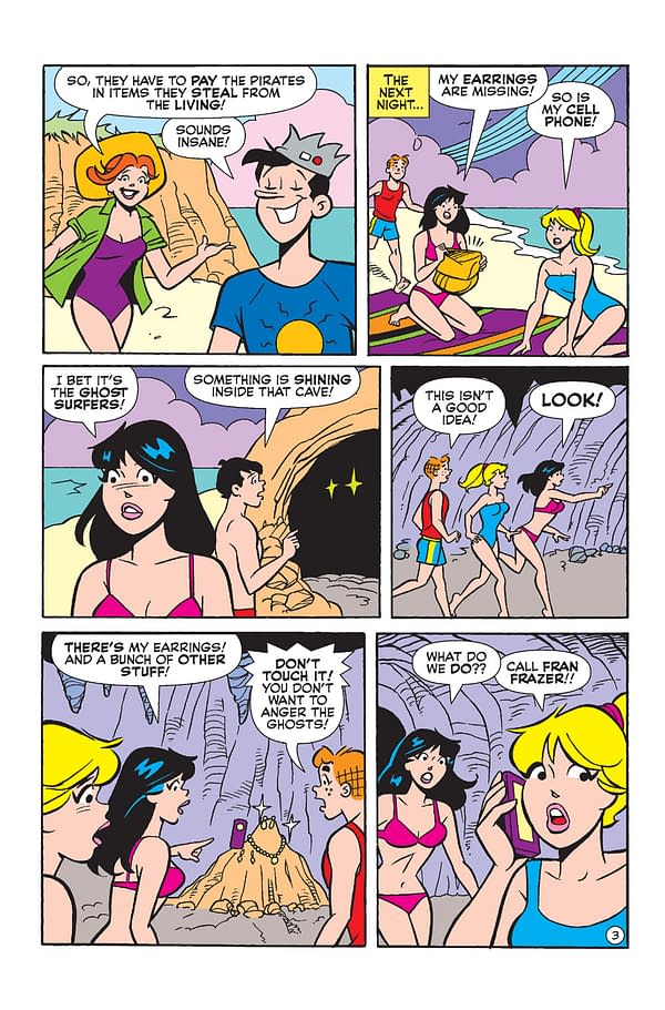 A colorful cartoon from the 'Betty and Veronica' series, depicting characters on a summer adventure. The scene portrays the characters discussing missing items while exploring a cave, filled with humor and mystery.