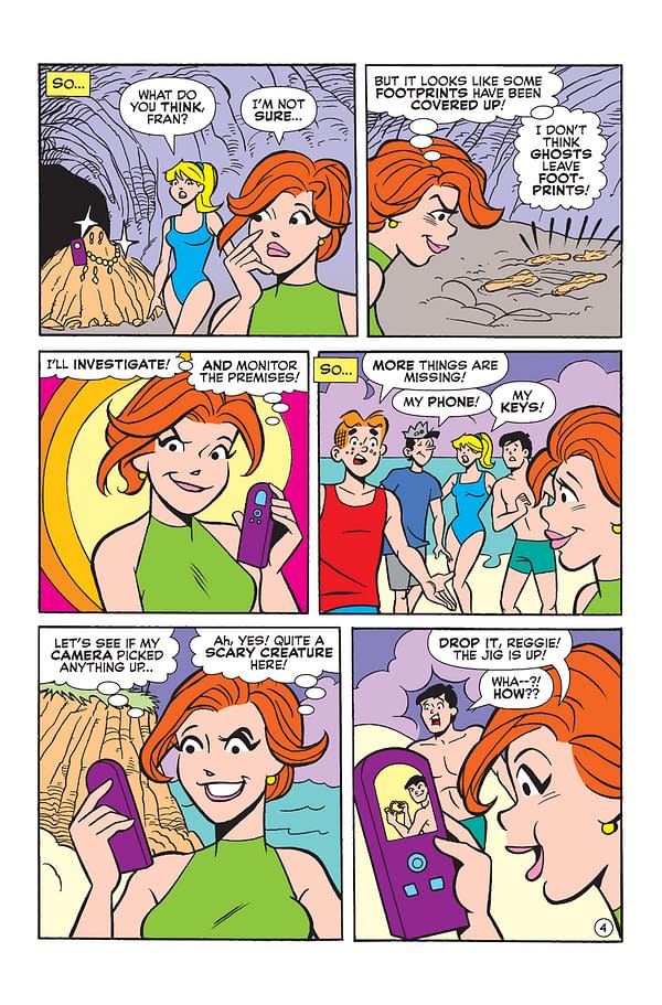 A colorful comic strip featuring characters discussing missing items and investigating footprints. The characters express surprise and curiosity while dressed in summer clothing.