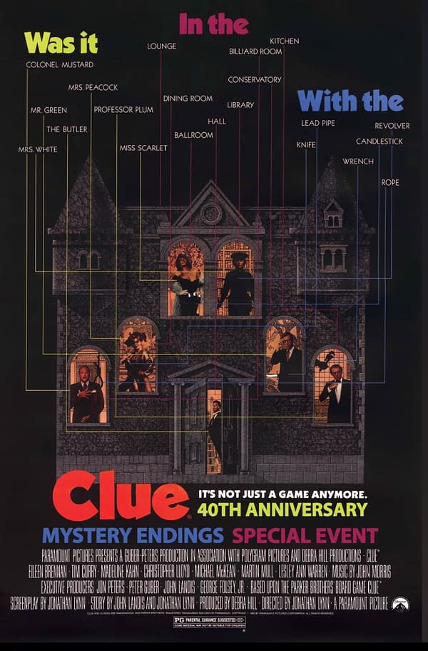 Illustration promoting the 40th anniversary of the movie 'Clue,' featuring a stylized mansion and characters associated with the film. Lines connect the characters to various rooms and weapons, emphasizing the mystery aspect of the story.