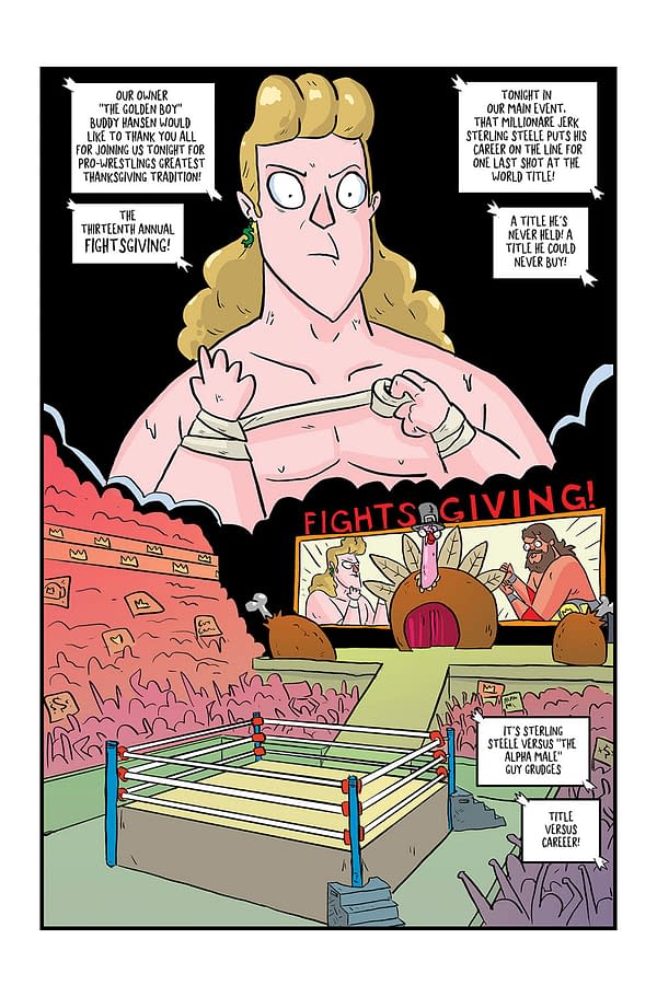 A colorful cartoon illustration depicting a wrestling event titled 'Fightsgiving,' featuring a muscular wrestler preparing for a match. The scene includes a wrestling ring, an audience, and a humorous turkey-themed entrance.