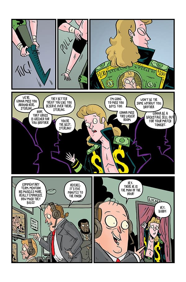 A colorful comic strip featuring a wrestling character named Sterling Steel, dressed in a flashy jacket covered in money symbols. The panels depict conversations between wrestlers and a commentary team, creating a humorous atmosphere.