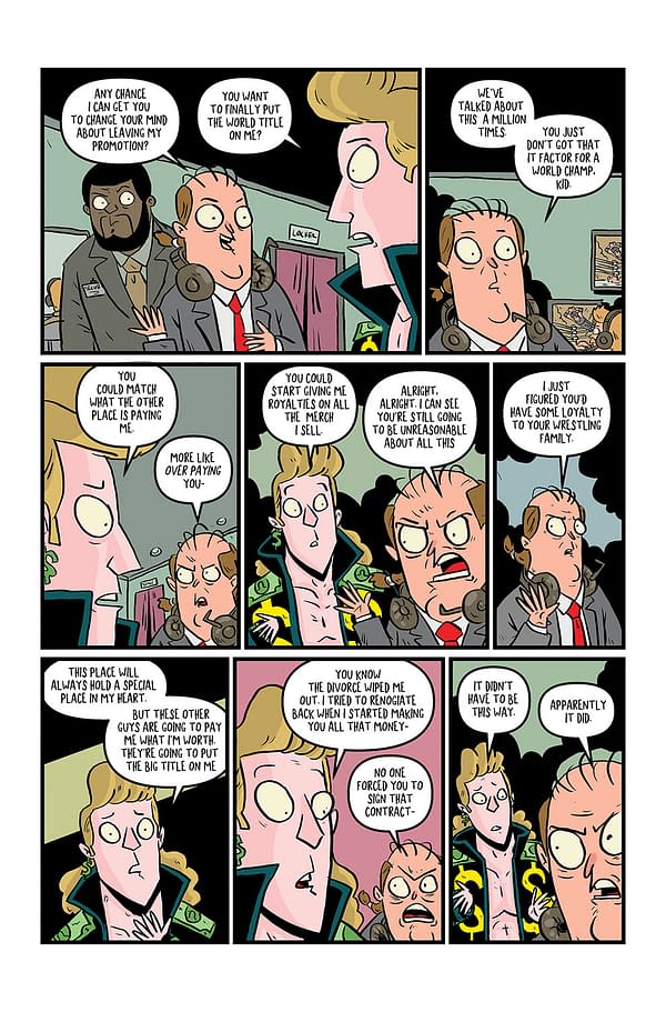 A comic strip scene from 'Wrestle Heist' featuring colorful characters in a heated discussion about promotions and loyalty in wrestling. The characters display exaggerated expressions and unique outfits, with speech bubbles conveying their dialogue.