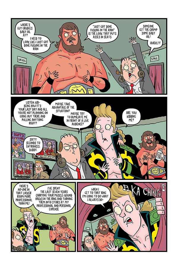 A comic panel featuring a group of wrestling characters in a locker room. One wrestler with a championship belt discusses his appearance while another character in a green jacket expresses frustration. The scene is lively and comedic, with speech bubbles conveying banter about wrestling and performance.
