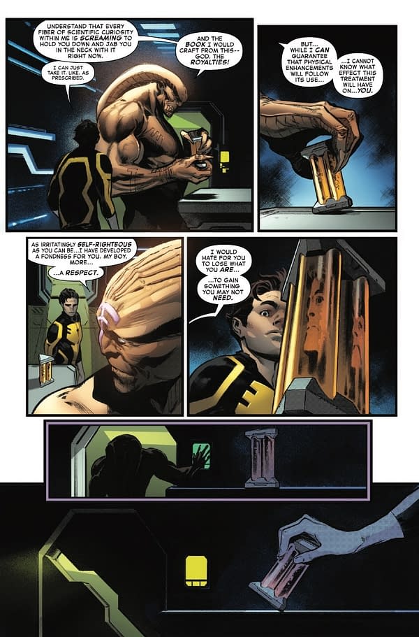 A comic book illustration featuring a muscular character with a brown, textured skin holding a cylindrical device while speaking to a younger character in a black and yellow suit. The scene conveys a sense of tension and curiosity about the object being held.