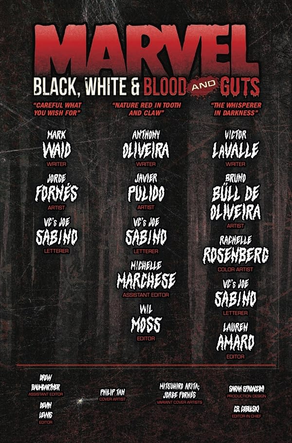 Preview image from 75960621332000411 MARVEL: BLACK WHITE AND BLOOD AND GUTS #4 PAULO SIQUEIRA COVER, by Anthony Oliveira & Mark Waid & Jorge Fornes & Bruno Bull & Paulo Siqueira, in stores Tuesday, January 7, 2026 from Marvel