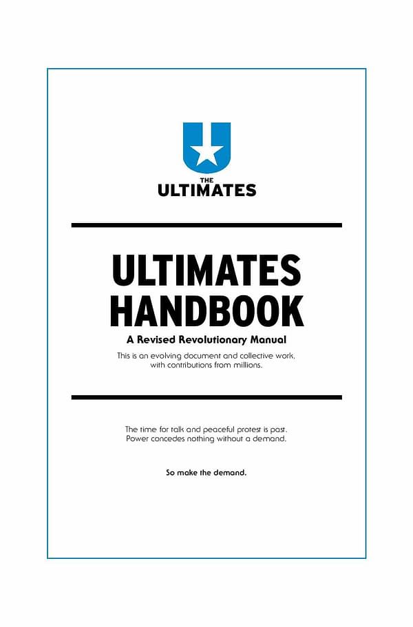 A page from the Ultimates Handbook titled 'ULTIMATES HANDBOOK' includes a subtitle stating it is a 'Revised Revolutionary Manual.' The text emphasizes the importance of collective work and making demands.