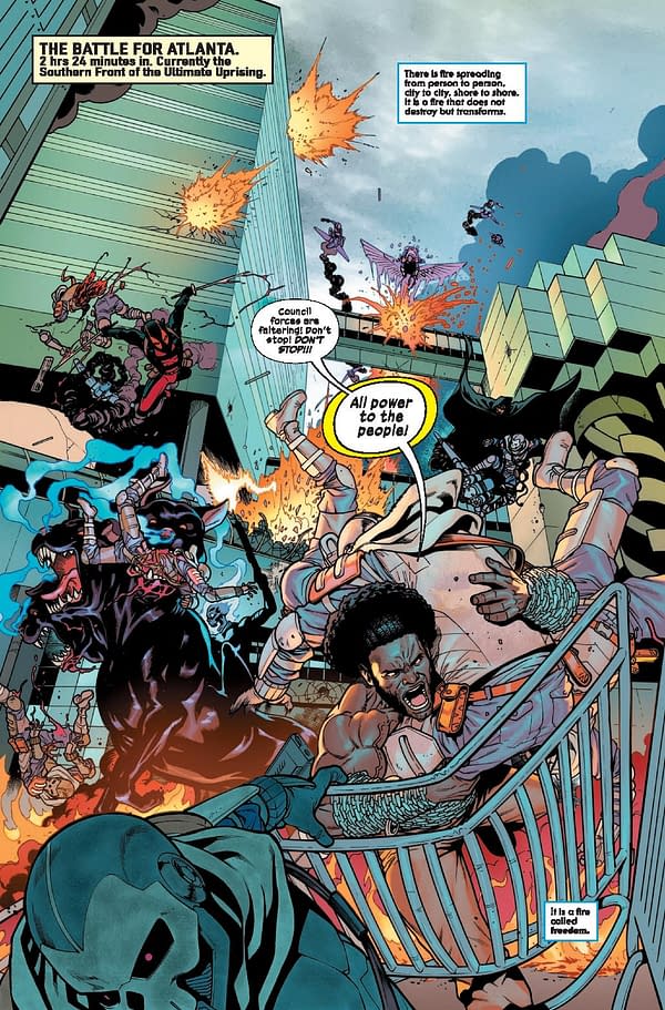 A comic book illustration depicting a chaotic battle scene in Atlanta, featuring characters engaged in combat amidst explosions and flames. The central figure, a man bound in a basket, gestures passionately while shouting a rallying cry.