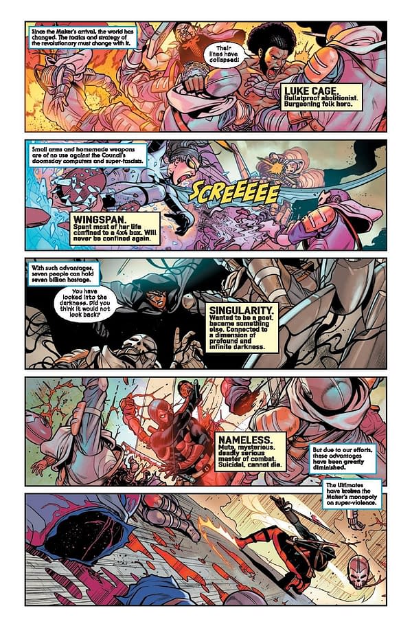 A comic book page displaying action-packed scenes with characters like Luke Cage and Nameless engaged in combat. Text highlights their backgrounds and unique abilities, creating an intense atmosphere of struggle and rebellion.