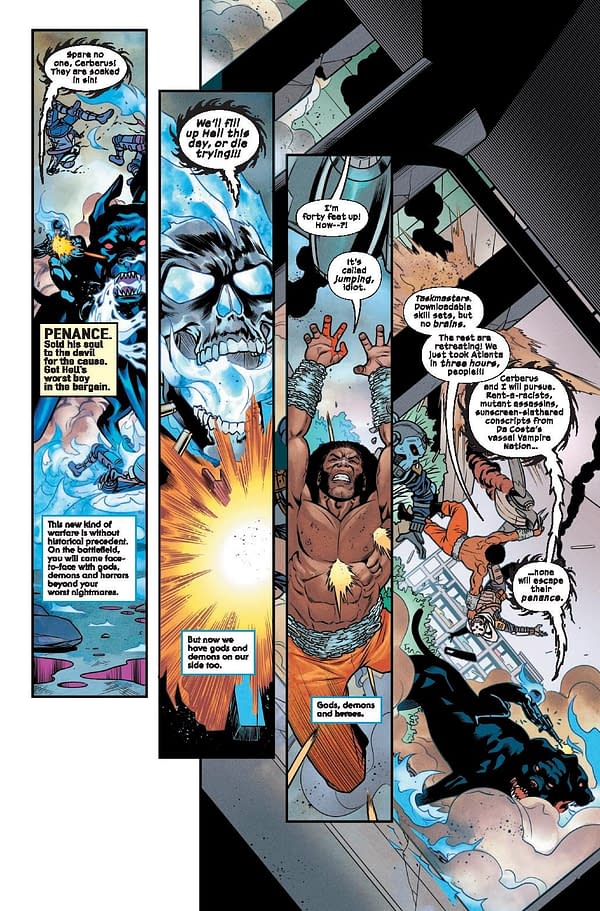 A comic book page featuring a group of diverse heroes engaged in an intense battle. One character is chained and looks determined despite the odds, while another character, appearing as a skeletal figure, is depicted with ominous energy surrounding them. Dialogue bubbles express urgency and determination in the fight against gods and demons.