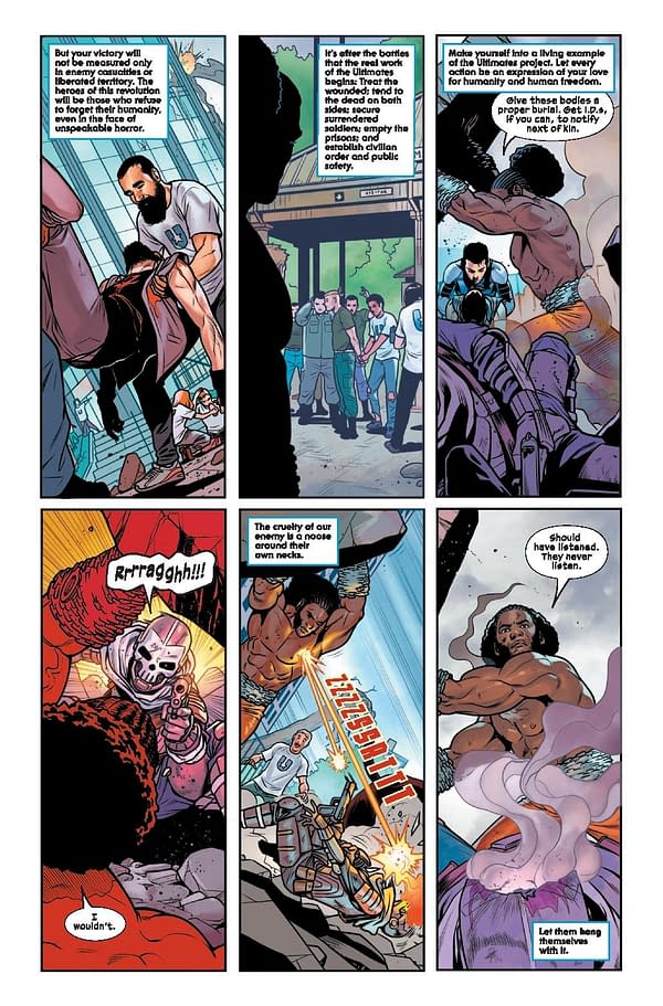 A comic book page featuring multiple panels depicting intense action and dialogue. Characters are shown in a dramatic fight, with heroes and villains engaged in conflict, conveying themes of struggle and humanity amidst chaos.