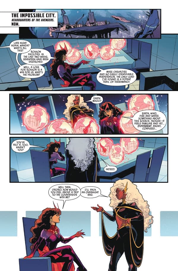 A comic book illustration featuring two female characters discussing a magical investigation in a futuristic setting. One character, wearing a black outfit, gestures while explaining a potent trail of terramancy, while the other, in purple, listens intently, indicating the presence of elemental magic.