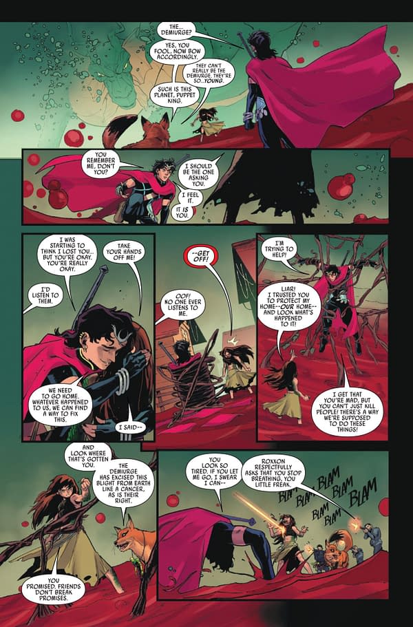 A comic book page featuring characters in a dramatic dialogue scene, with vibrant colors and stylized art. The characters include a man in a flowing cape, a girl in a dress, and a fox, set against a fantastical background with splashes of red and green.