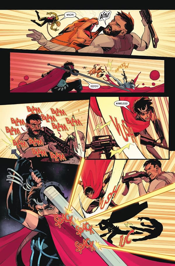 A dynamic comic book illustration featuring action-packed scenes from 'Wiccan: Witch's Road #3.' Characters engage in battle with explosions and dynamic movement, showcasing a clash between a creature and armed combatants.