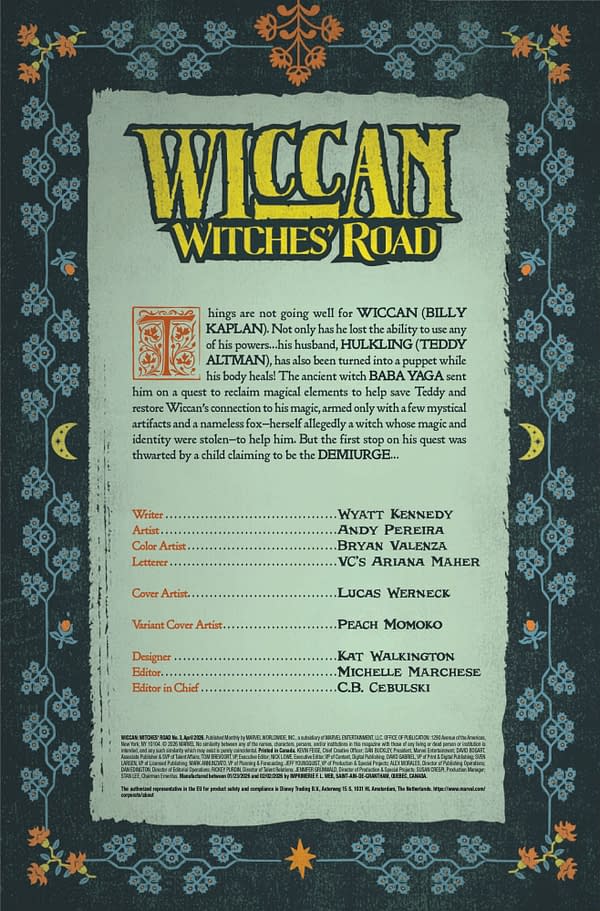 A colorful comic book cover titled 'Wiccan: Witches' Road'. It features stylized text, intricate floral designs, and details about the characters and creators involved in the story. The layout has an artistic, mystical theme reflecting the comic's fantasy genre.