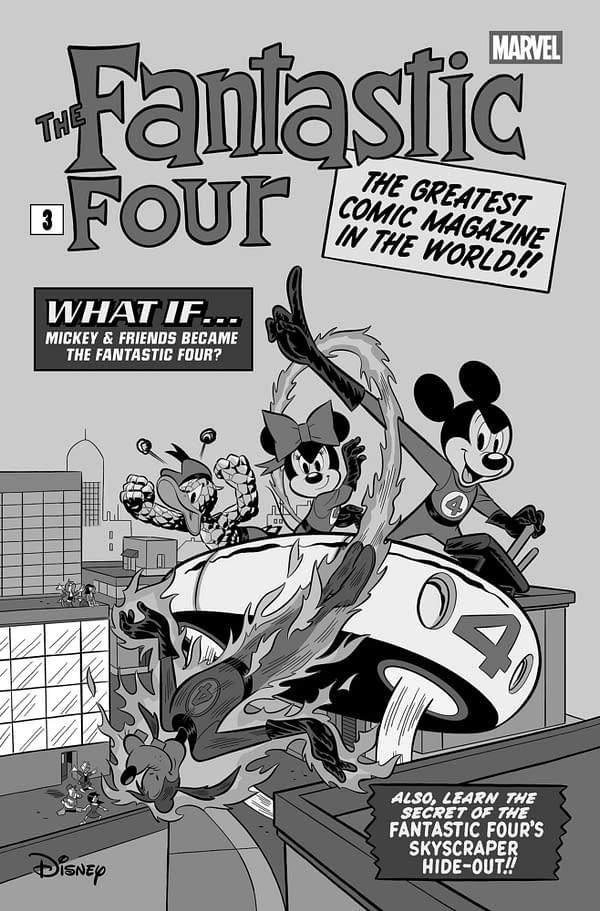 Cover image for FANTASTIC FOUR #28 FRANCESCO D'IPPOLITO BLACK AND WHITE DISNEY WHAT IF? FANTASTI C FOUR HOMAGE VARIANT