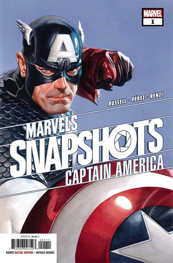 The cover of Captain America Marvel's Snapshot #1 published by Marvel Comics with the creative team of Mark Russell, Ramon Perez, Rico Renzi, and Joe Sabino.