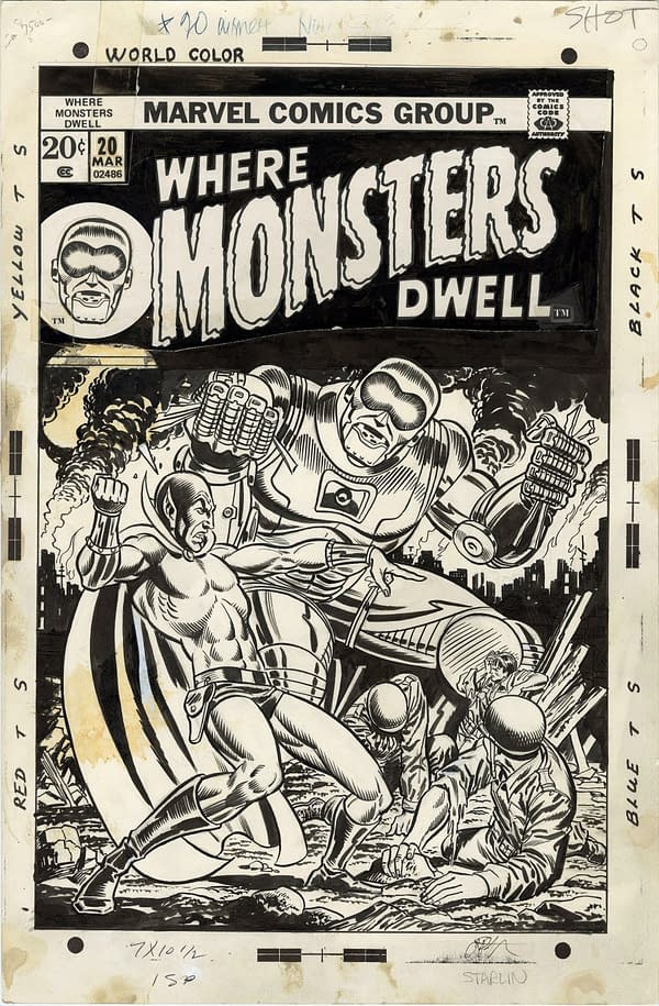 Where Monsters Dwell #20 original cover artwork by Jim Starlin, inked by Frank Giacoia.