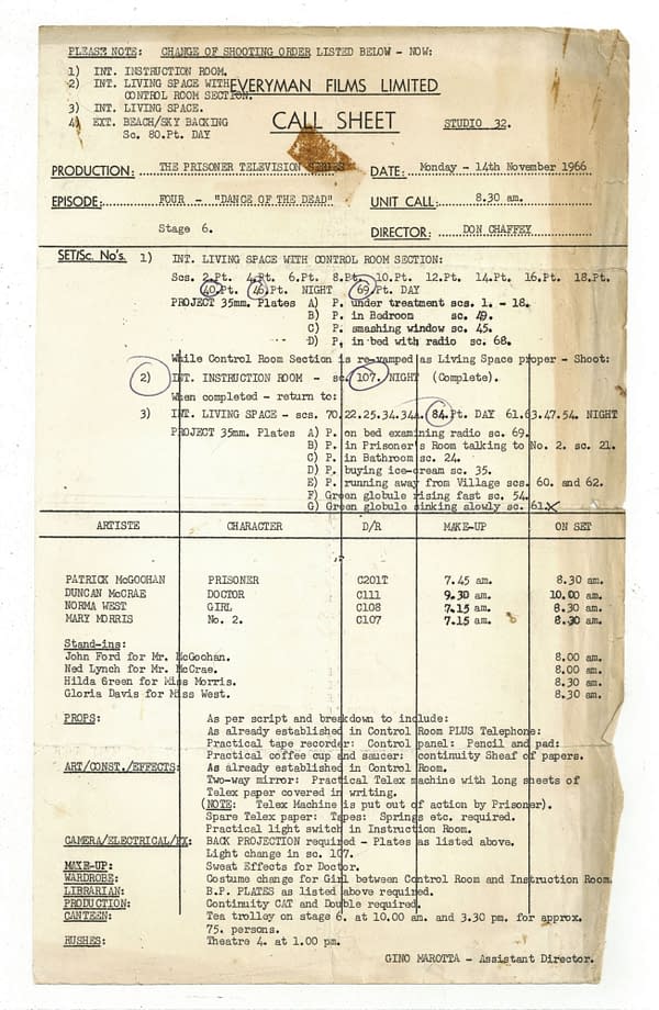 The Prisoner Original Call Sheet, Script &#038; Prop Badge at Auction
