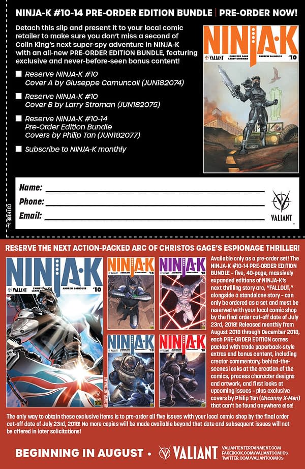 Ninja-K #10-14 Get a Pre-Order Bundle from Valiant Starting in August