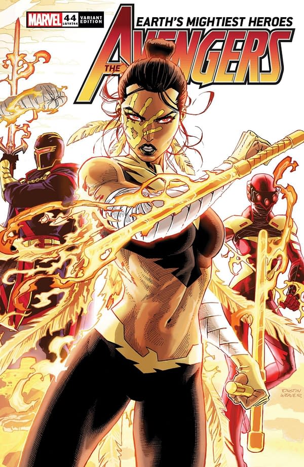 Dustin Weaver's connecting variant cover to Avengers #44, by Jason Aaron and Javi Garron, in stores from Marvel Comics on April 7th, 2021.