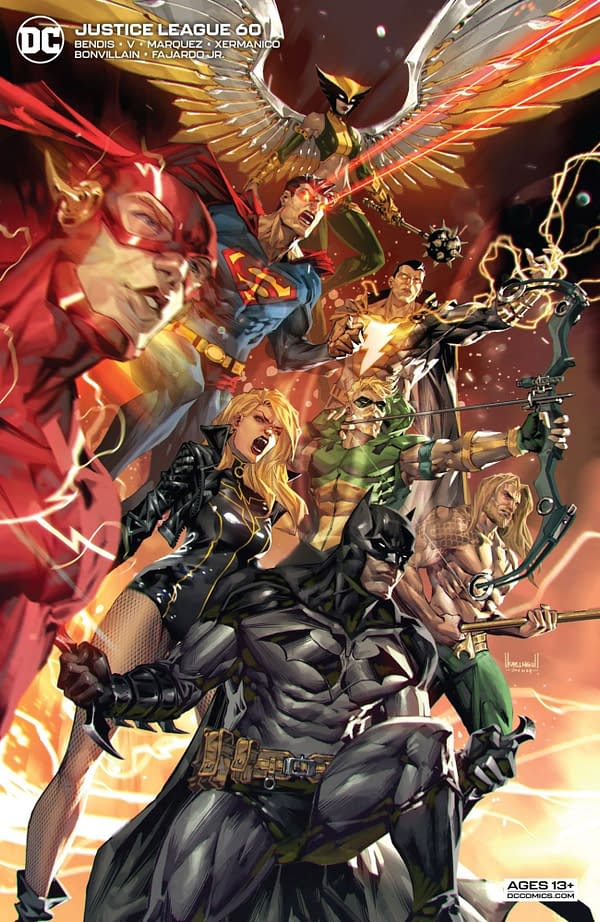 The Kael Ngu card stock variant cover to Justice League #60, by "The Great One" Brian Bendis and David Marquez, with a backup story by Ram V and Xermanico, in stores Tuesday, April 20th from DC Comics