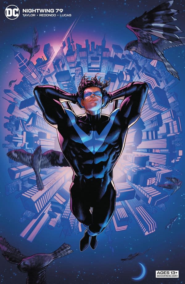 The Jamal Campbell card stock variant cover to Nightwing #79, by Tom Taylor and Bruno Redondo, in stores on Tuesday, April 20th from DC Comics