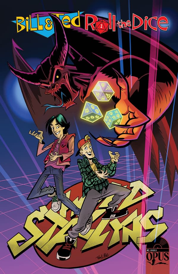 Troy Little Cover to Bill & Ted Roll the Dice #2 by James Asmus, John Barber, Wayne Nichols, and Andrew Currie, in stores July 13th from Opus Comics