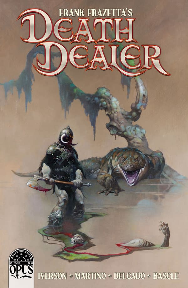 Frank Frazetta Cover to Frank Frazetta's Death Dealer #3, by Mitch Iverson and Stefano Martino, in stores July 13th from Opus Comics