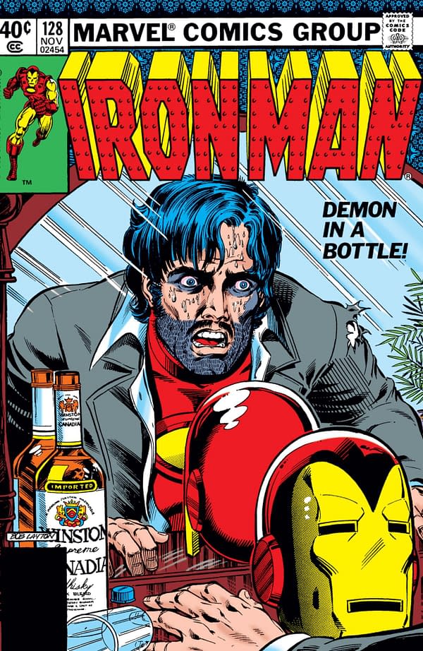 The cover to Iron Man #128 (Demon in a Bottle), showing what Tony Stark might look like after a 48-hour crypto trading binge